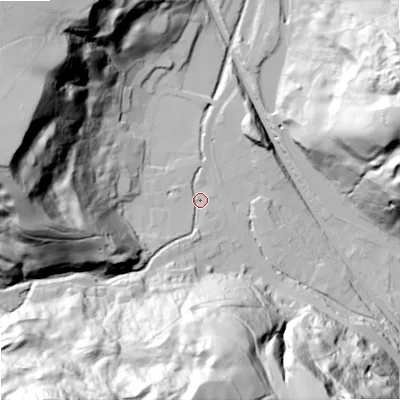 Shaded relief map of the ground around OL147UB, computed from Environment Agency LiDAR. The ground here sits at about 164 m above sea level and falls 113 m across the surrounding 800 m. Surface water reaching this point runs off ground lying to the south-west, 102.8 m higher.