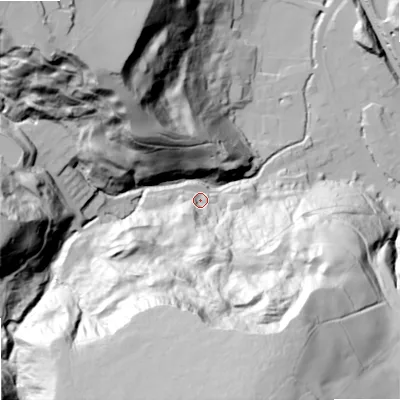 Shaded relief map of the ground around OL147UD, computed from Environment Agency LiDAR. The ground here sits at about 179 m above sea level and falls 129 m across the surrounding 800 m. Surface water reaching this point runs off ground lying to the south, 41.4 m higher.