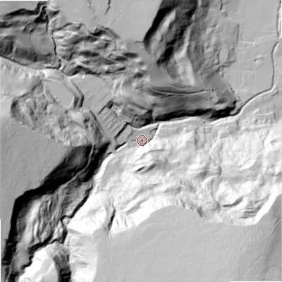 Shaded relief map of the ground around OL147UH, computed from Environment Agency LiDAR. The ground here sits at about 183 m above sea level and falls 128 m across the surrounding 800 m. Surface water reaching this point runs off ground lying to the south-south-east, 108.3 m higher.