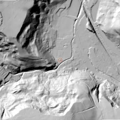 Shaded relief map of the ground around OL147UL, computed from Environment Agency LiDAR. The ground here sits at about 169 m above sea level and falls 124 m across the surrounding 800 m. Surface water reaching this point runs off ground lying to the south, 112.3 m higher.