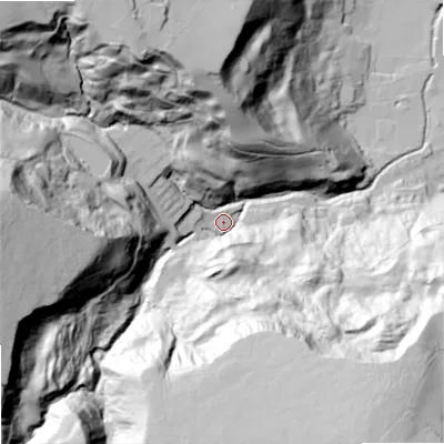 Shaded relief map of the ground around OL147UW, computed from Environment Agency LiDAR. The ground here sits at about 182 m above sea level and falls 129 m across the surrounding 800 m. Surface water reaching this point runs off ground lying to the south-south-east, 108.0 m higher.