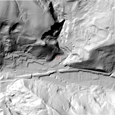 Shaded relief map of the ground around OL148AZ, computed from Environment Agency LiDAR. The ground here sits at about 192 m above sea level and falls 147 m across the surrounding 800 m. Surface water reaching this point runs off ground lying to the north-west, 74.9 m higher.