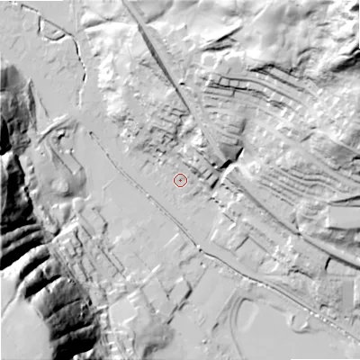 Shaded relief map of the ground around OL148EE, computed from Environment Agency LiDAR. The ground here sits at about 134 m above sea level and falls 132 m across the surrounding 800 m. Surface water reaching this point runs off ground lying to the north-north-east, 71.6 m higher.