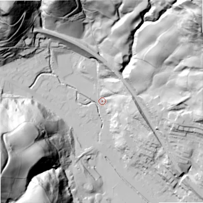 Shaded relief map of the ground around OL148EP, computed from Environment Agency LiDAR. The ground here sits at about 138 m above sea level and falls 132 m across the surrounding 800 m. Surface water reaching this point runs off ground lying to the north-west, 29.6 m higher.