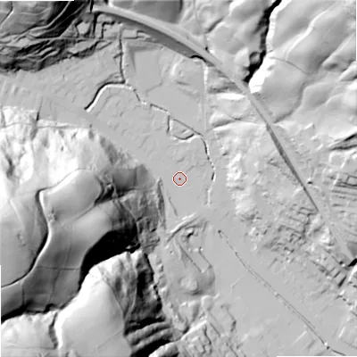 Shaded relief map of the ground around OL148ER, computed from Environment Agency LiDAR. The ground here sits at about 136 m above sea level and falls 151 m across the surrounding 800 m. Surface water reaching this point runs off ground lying to the west-south-west, 140.9 m higher.