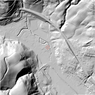 Shaded relief map of the ground around OL148ES, computed from Environment Agency LiDAR. The ground here sits at about 137 m above sea level and falls 143 m across the surrounding 800 m. Surface water reaching this point runs off ground lying to the north-north-west, 30.2 m higher.