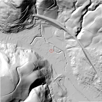 Shaded relief map of the ground around OL148ET, computed from Environment Agency LiDAR. The ground here sits at about 137 m above sea level and falls 154 m across the surrounding 800 m. Surface water reaching this point runs off ground lying to the north-north-west, 109.5 m higher.