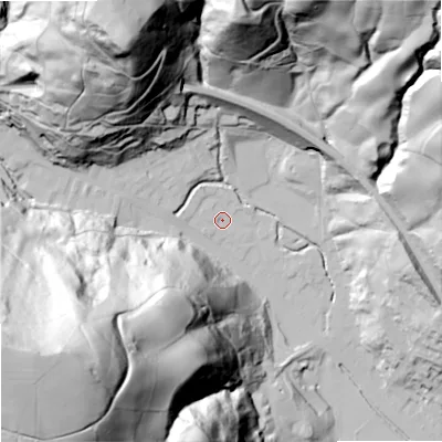 Shaded relief map of the ground around OL148EU, computed from Environment Agency LiDAR. The ground here sits at about 138 m above sea level and falls 159 m across the surrounding 800 m. Surface water reaching this point runs off ground lying to the north-north-west, 3.0 m higher.