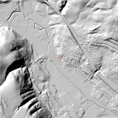 Shaded relief map of the ground around OL148EW, computed from Environment Agency LiDAR. The ground here sits at about 134 m above sea level and falls 141 m across the surrounding 800 m. Surface water reaching this point runs off ground lying to the west, 103.0 m higher.