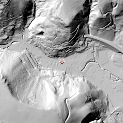 Shaded relief map of the ground around OL148EX, computed from Environment Agency LiDAR. The ground here sits at about 144 m above sea level and falls 173 m across the surrounding 800 m. Surface water reaching this point runs off ground lying to the south-west, 158.9 m higher.