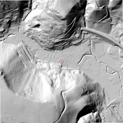 Shaded relief map of the ground around OL148EY, computed from Environment Agency LiDAR. The ground here sits at about 144 m above sea level and falls 171 m across the surrounding 800 m. Surface water reaching this point runs off ground lying to the west-south-west, 157.3 m higher.