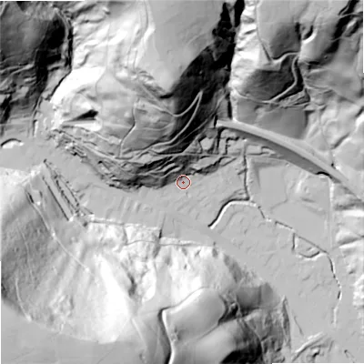 Shaded relief map of the ground around OL148HA, computed from Environment Agency LiDAR. The ground here sits at about 144 m above sea level and falls 166 m across the surrounding 800 m. Surface water reaching this point runs off ground lying to the north, 103.0 m higher.