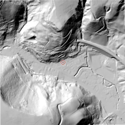 Shaded relief map of the ground around OL148HB, computed from Environment Agency LiDAR. The ground here sits at about 144 m above sea level and falls 167 m across the surrounding 800 m. Surface water reaching this point runs off ground lying to the north, 102.6 m higher.