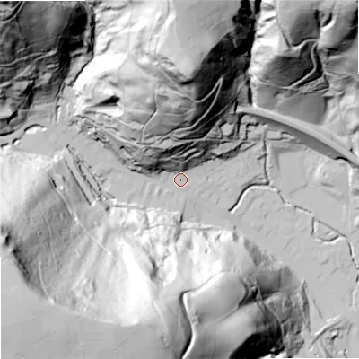 Shaded relief map of the ground around OL148HD, computed from Environment Agency LiDAR. The ground here sits at about 144 m above sea level and falls 170 m across the surrounding 800 m. Surface water reaching this point runs off ground lying to the north-west, 127.7 m higher.