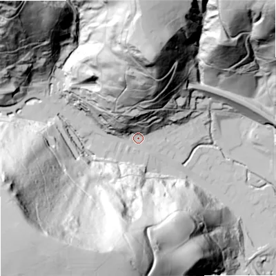 Shaded relief map of the ground around OL148HE, computed from Environment Agency LiDAR. The ground here sits at about 144 m above sea level and falls 172 m across the surrounding 800 m. Surface water reaching this point runs off ground lying to the north-west, 131.4 m higher.