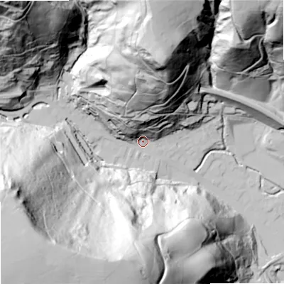 Shaded relief map of the ground around OL148HF, computed from Environment Agency LiDAR. The ground here sits at about 145 m above sea level and falls 172 m across the surrounding 800 m. Surface water reaching this point runs off ground lying to the south-west, 160.2 m higher.
