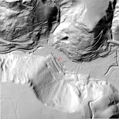 Shaded relief map of the ground around OL148HG, computed from Environment Agency LiDAR. The ground here sits at about 148 m above sea level and falls 181 m across the surrounding 800 m. Surface water reaching this point runs off ground lying to the south-west, 176.2 m higher.