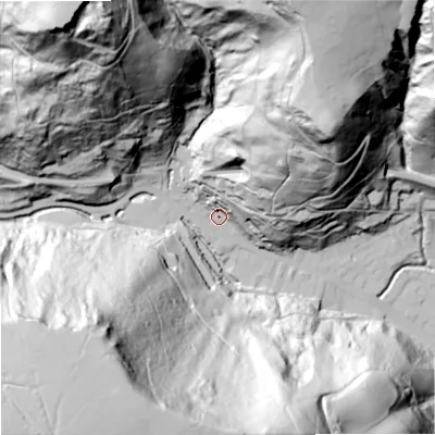 Shaded relief map of the ground around OL148HQ, computed from Environment Agency LiDAR. The ground here sits at about 149 m above sea level and falls 175 m across the surrounding 800 m. Surface water reaching this point runs off ground lying to the north-north-west, 141.0 m higher.