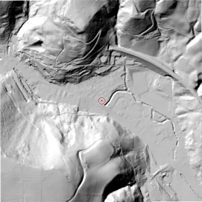 Shaded relief map of the ground around OL148HU, computed from Environment Agency LiDAR. The ground here sits at about 141 m above sea level and falls 165 m across the surrounding 800 m. Surface water reaching this point runs off ground lying to the west-south-west, 154.7 m higher.