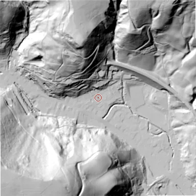 Shaded relief map of the ground around OL148HW, computed from Environment Agency LiDAR. The ground here sits at about 143 m above sea level and falls 164 m across the surrounding 800 m. Surface water reaching this point runs off ground lying to the north-north-west, 88.8 m higher.