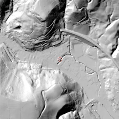 Shaded relief map of the ground around OL148HX, computed from Environment Agency LiDAR. The ground here sits at about 141 m above sea level and falls 164 m across the surrounding 800 m. Surface water reaching this point runs off ground lying to the north-north-west, 107.9 m higher.