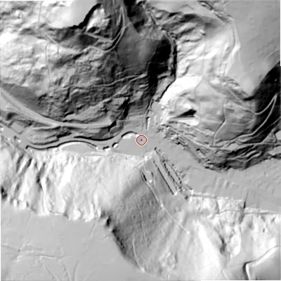 Shaded relief map of the ground around OL148JA, computed from Environment Agency LiDAR. The ground here sits at about 151 m above sea level and falls 180 m across the surrounding 800 m. Surface water reaching this point runs off ground lying to the south-west, 169.8 m higher.