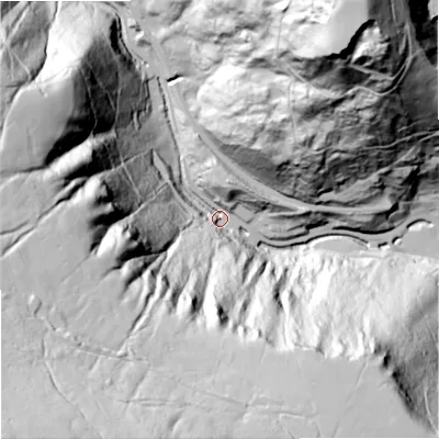 Shaded relief map of the ground around OL148JF, computed from Environment Agency LiDAR. The ground here sits at about 168 m above sea level and falls 204 m across the surrounding 800 m. Surface water reaching this point runs off ground lying to the south-west, 188.7 m higher.