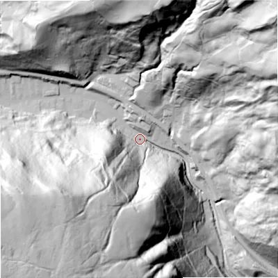 Shaded relief map of the ground around OL148JN, computed from Environment Agency LiDAR. The ground here sits at about 179 m above sea level and falls 158 m across the surrounding 800 m. Surface water reaching this point runs off ground lying to the south-west, 140.0 m higher.