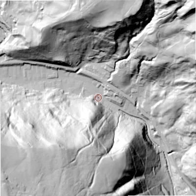 Shaded relief map of the ground around OL148JS, computed from Environment Agency LiDAR. The ground here sits at about 180 m above sea level and falls 160 m across the surrounding 800 m. Surface water reaching this point runs off ground lying to the south-west, 145.5 m higher.