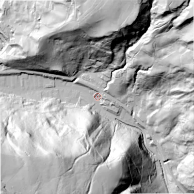 Shaded relief map of the ground around OL148JU, computed from Environment Agency LiDAR. The ground here sits at about 181 m above sea level and falls 158 m across the surrounding 800 m. Surface water reaching this point runs off ground lying to the south-west, 144.9 m higher.