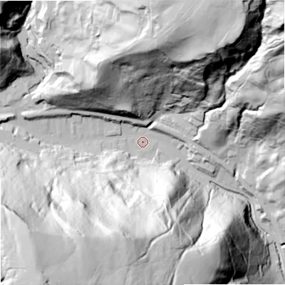 Shaded relief map of the ground around OL148JY, computed from Environment Agency LiDAR. The ground here sits at about 181 m above sea level and falls 156 m across the surrounding 800 m. Surface water reaching this point runs off ground lying to the south-west, 143.9 m higher.