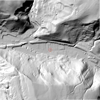 Shaded relief map of the ground around OL148LF, computed from Environment Agency LiDAR. The ground here sits at about 184 m above sea level and falls 149 m across the surrounding 800 m. Surface water reaching this point runs off ground lying to the south-south-west, 140.3 m higher.