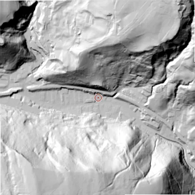 Shaded relief map of the ground around OL148LN, computed from Environment Agency LiDAR. The ground here sits at about 182 m above sea level and falls 151 m across the surrounding 800 m. Surface water reaching this point runs off ground lying to the south-south-west, 141.1 m higher.
