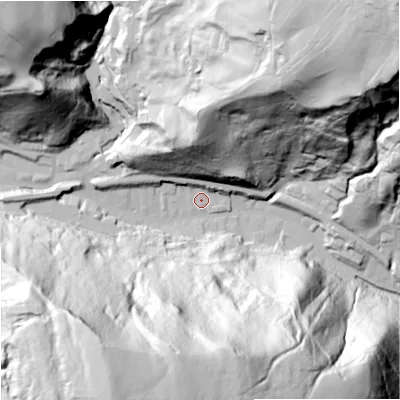 Shaded relief map of the ground around OL148LP, computed from Environment Agency LiDAR. The ground here sits at about 184 m above sea level and falls 148 m across the surrounding 800 m. Surface water reaching this point runs off ground lying to the north, 54.7 m higher.