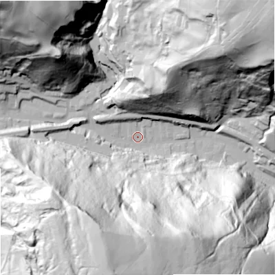 Shaded relief map of the ground around OL148LQ, computed from Environment Agency LiDAR. The ground here sits at about 185 m above sea level and falls 145 m across the surrounding 800 m. Surface water reaching this point runs off ground lying to the south-south-west, 139.0 m higher.