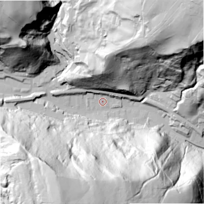 Shaded relief map of the ground around OL148LR, computed from Environment Agency LiDAR. The ground here sits at about 184 m above sea level and falls 148 m across the surrounding 800 m. Surface water reaching this point runs off ground lying to the north, 54.8 m higher.