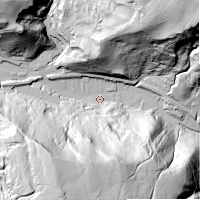 Shaded relief map of the ground around OL148LS, computed from Environment Agency LiDAR. The ground here sits at about 185 m above sea level and falls 151 m across the surrounding 800 m. Surface water reaching this point runs off ground lying to the south-south-west, 141.5 m higher.