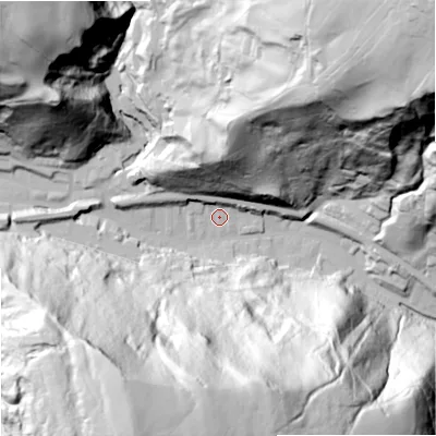 Shaded relief map of the ground around OL148LT, computed from Environment Agency LiDAR. The ground here sits at about 184 m above sea level and falls 148 m across the surrounding 800 m. Surface water reaching this point runs off ground lying to the north, 54.5 m higher.