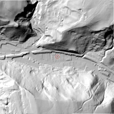 Shaded relief map of the ground around OL148LU, computed from Environment Agency LiDAR. The ground here sits at about 184 m above sea level and falls 147 m across the surrounding 800 m. Surface water reaching this point runs off ground lying to the north, 50.3 m higher.