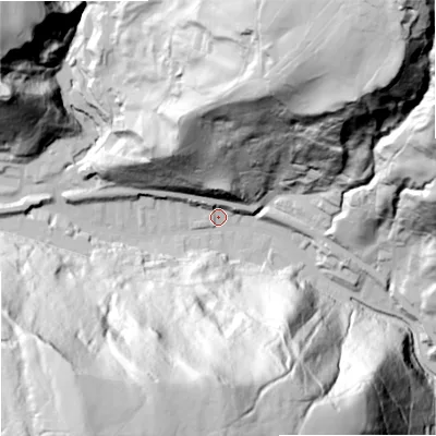 Shaded relief map of the ground around OL148LW, computed from Environment Agency LiDAR. The ground here sits at about 182 m above sea level and falls 151 m across the surrounding 800 m. Surface water reaching this point runs off ground lying to the south-south-west, 141.1 m higher.