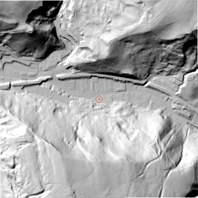 Shaded relief map of the ground around OL148LZ, computed from Environment Agency LiDAR. The ground here sits at about 184 m above sea level and falls 150 m across the surrounding 800 m. Surface water reaching this point runs off ground lying to the south-south-west, 140.5 m higher.