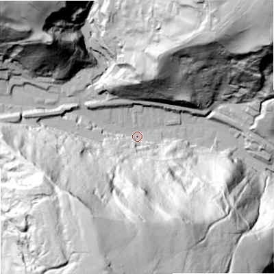Shaded relief map of the ground around OL148NA, computed from Environment Agency LiDAR. The ground here sits at about 185 m above sea level and falls 150 m across the surrounding 800 m. Surface water reaching this point runs off ground lying to the south-south-west, 140.2 m higher.