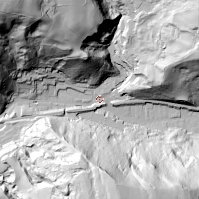 Shaded relief map of the ground around OL148NH, computed from Environment Agency LiDAR. The ground here sits at about 190 m above sea level and falls 147 m across the surrounding 800 m. Surface water reaching this point runs off ground lying to the north-west, 140.9 m higher.
