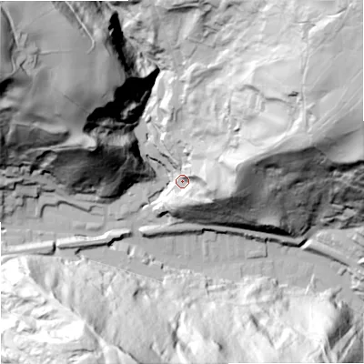Shaded relief map of the ground around OL148NJ, computed from Environment Agency LiDAR. The ground here sits at about 205 m above sea level and falls 134 m across the surrounding 800 m. Surface water reaching this point runs off ground lying to the east-north-east, 44.7 m higher.