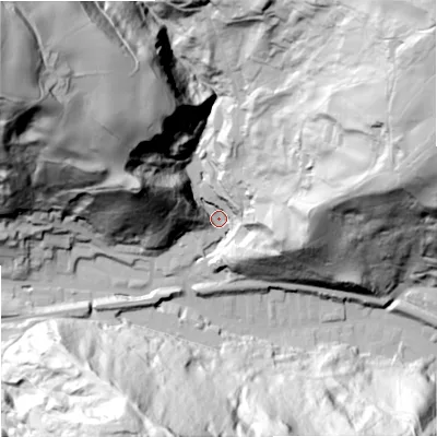 Shaded relief map of the ground around OL148NL, computed from Environment Agency LiDAR. The ground here sits at about 195 m above sea level and falls 139 m across the surrounding 800 m. Surface water reaching this point runs off ground lying to the north-west, 125.0 m higher.