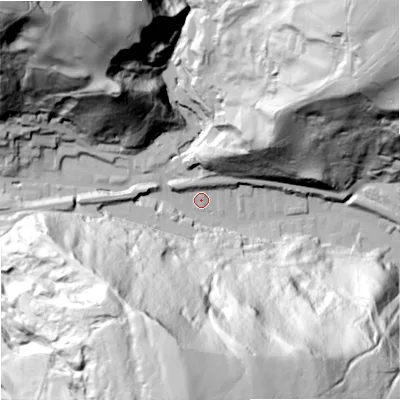 Shaded relief map of the ground around OL148NQ, computed from Environment Agency LiDAR. The ground here sits at about 187 m above sea level and falls 143 m across the surrounding 800 m. Surface water reaching this point runs off ground lying to the north-west, 107.1 m higher.