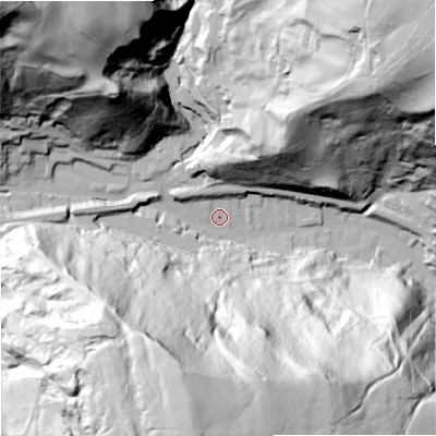 Shaded relief map of the ground around OL148NX, computed from Environment Agency LiDAR. The ground here sits at about 186 m above sea level and falls 144 m across the surrounding 800 m. Surface water reaching this point runs off ground lying to the south, 137.5 m higher.