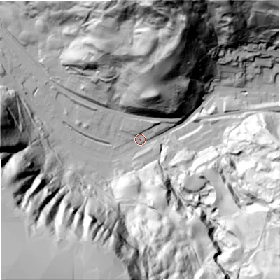 Shaded relief map of the ground around OL148PJ, computed from Environment Agency LiDAR. The ground here sits at about 200 m above sea level and falls 190 m across the surrounding 800 m. Surface water reaching this point runs off ground lying to the south-west, 182.0 m higher.