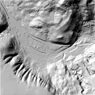 Shaded relief map of the ground around OL148PL, computed from Environment Agency LiDAR. The ground here sits at about 203 m above sea level and falls 189 m across the surrounding 800 m. Surface water reaching this point runs off ground lying to the north, 3.6 m higher.