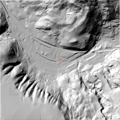 Shaded relief map of the ground around OL148PN, computed from Environment Agency LiDAR. The ground here sits at about 200 m above sea level and falls 198 m across the surrounding 800 m. Surface water reaching this point runs off ground lying to the south-west, 189.7 m higher.
